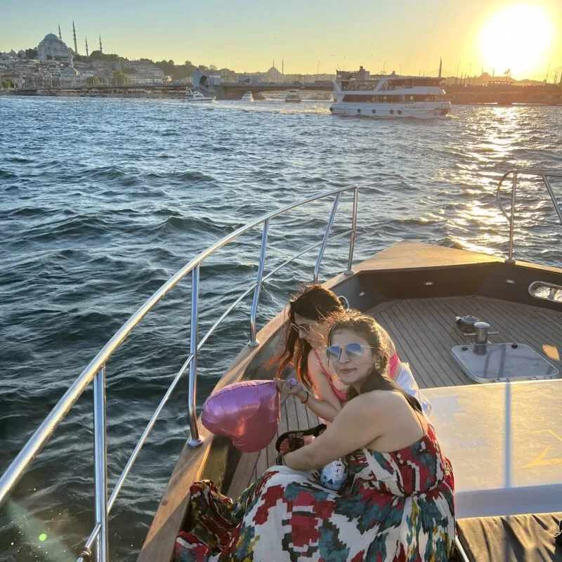 Birthday celebration with balloons on a private yacht deck in Istanbul
