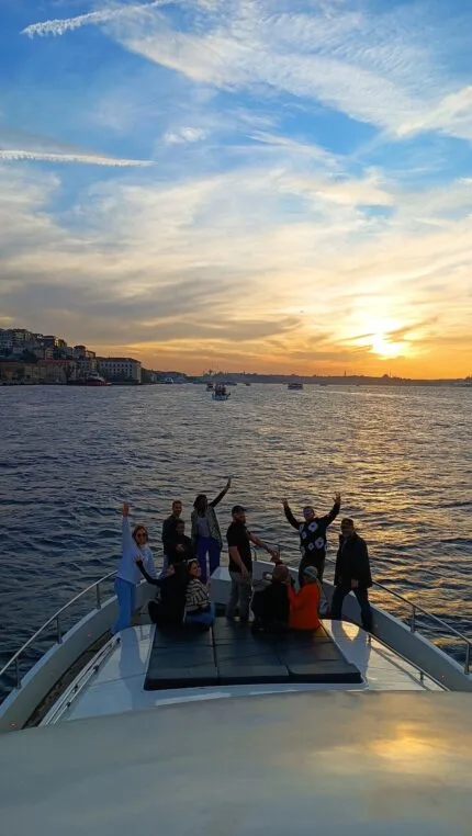 Blue hour celebration on the foredeck of a private Bosphorus yacht