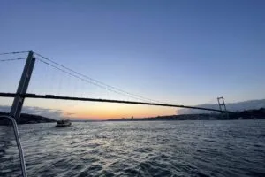 Bosphorus Bridge at blue hour seen from a private yacht tour