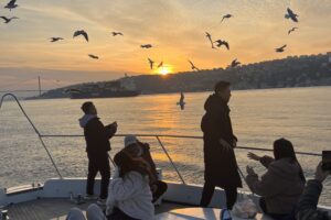 Seagulls flying over the Bosphorus at sunset during a private yacht cruise in Istanbul