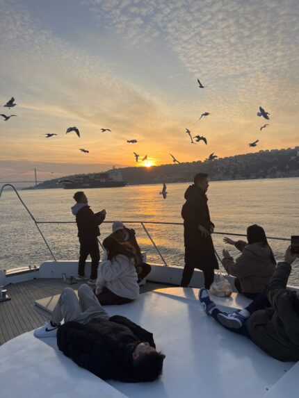 Seagulls flying over the Bosphorus at sunset during a private yacht cruise in Istanbul