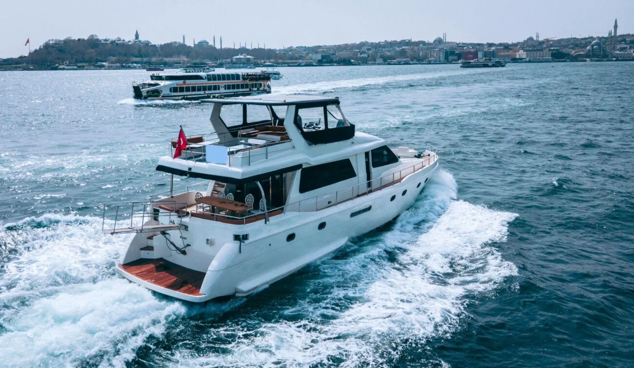 Yacht used for the Bosphorus sunset group tour cruising near Karakoy Istanbul