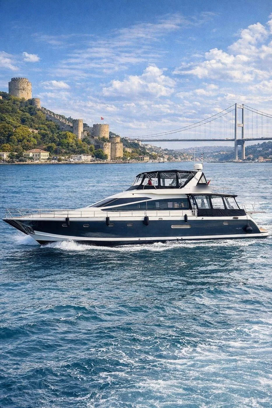 Private yacht on the Bosphorus passing Rumeli Hisari and the Fatih Sultan Mehmet Bridge