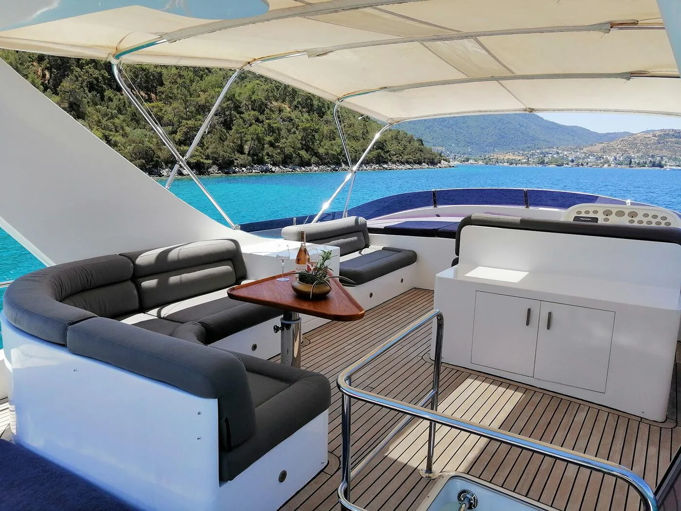 Shaded aft deck seating