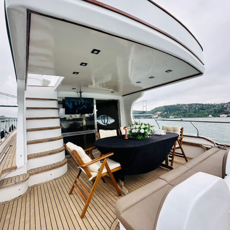 Dinner table set on the Tuana yacht deck, Bosphorus behind